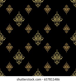 Golden vector print on black background for design invitation, card, wallpaper or fabric. Gold ornament seamless pattern.