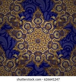 Golden vector print on blue background for design invitation, card, wallpaper or fabric. Gold ornament seamless pattern.