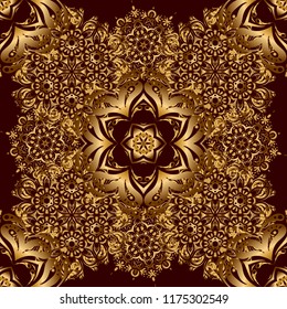 Golden vector print on brown background for design invitation, card, wallpaper or fabric. Gold ornament seamless pattern.