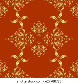 Golden vector print on brown background for design invitation, card, wallpaper or fabric. Gold ornament seamless pattern.
