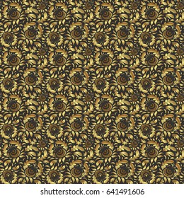 Golden vector print on gray background for design invitation, card, wallpaper or fabric. Gold ornament seamless pattern.