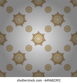 Golden vector print on gray background for design invitation, card, wallpaper or fabric. Gold ornament seamless pattern.