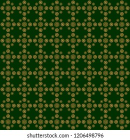 Golden vector print on green background for design invitation, card, wallpaper or fabric. Gold ornament seamless pattern.