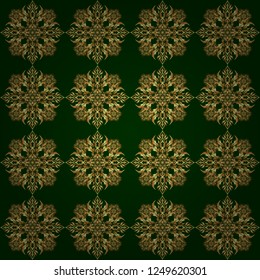 Golden vector print on green background for design invitation, card, wallpaper or fabric. Gold ornament seamless pattern.