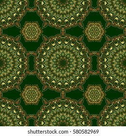 Golden vector print on green background for design invitation, card, wallpaper or fabric. Gold ornament seamless pattern.