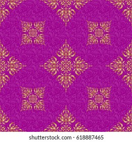 Golden vector print on purple background for design invitation, card, wallpaper or fabric. Gold ornament seamless pattern.