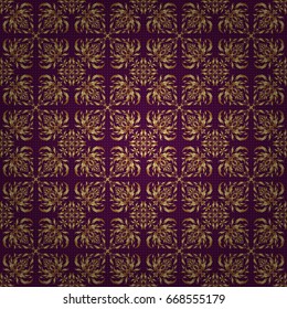 Golden vector print on purple background for design invitation, card, wallpaper or fabric. Gold ornament seamless pattern.