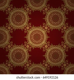 Golden vector print on red background for design invitation, card, wallpaper or fabric. Gold ornament seamless pattern.