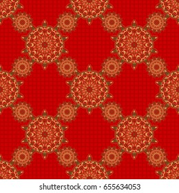 Golden vector print on red background for design invitation, card, wallpaper or fabric. Gold ornament seamless pattern.