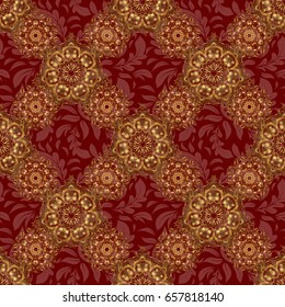 Golden vector print on red background for design invitation, card, wallpaper or fabric. Gold ornament seamless pattern.