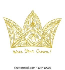 golden vector queen, king or princess crown isolated on white background with text