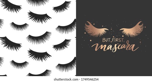 Golden Vector quote about mascara, lashes, makeup and seamless pattern. Fashion set with Calligraphy phrase and stylish background for beauty salon, decorative cards, beauty blogs.