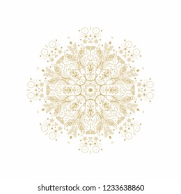 Golden  vector rosette- mandala,  ornamental snowflake on white background