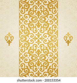 Golden vector seamless border in Victorian style. Element for design. Ornamental backdrop. Light lace background. Ornate floral decor for wallpaper. Endless texture. Monochrome pattern fill.