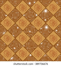 Golden vector seamless chess styled vintage texture with clove flowers and shining rounds. Vector illustration