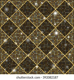Golden vector seamless chess styled vintage texture with shining rounds. Vector illustration