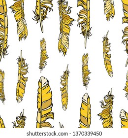 Golden vector seamless feathers pattern isolated on white. Repeat feather gold doodle illustration. Vector