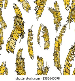 Golden vector seamless feathers pattern isolated on white. Repeat feather gold doodle illustration. Vector