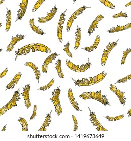 Golden vector seamless feathers pattern isolated on white. Repeat feather gold doodle illustration. Vector