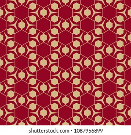 Golden vector seamless pattern. Abstract geometric red and gold background. Delicate linear texture with grid, thin lines, triangles, hexagons, floral figures. Luxury Asian style repeat design element