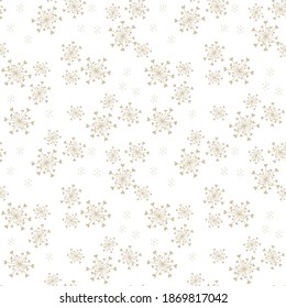 Golden vector seamless pattern with abstract snowflakes and tiny hearts. Doodle style minimalist background. Subtle gold and white texture. Elegant repeat design for decor, print, textile, wallpapers