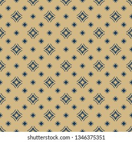 Golden vector seamless pattern with diamonds, stars, rhombuses. Elegant dark blue and gold geometric background. Simple abstract minimalist texture. Luxury ornament. Repeat design for decor, textile