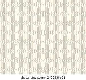 Golden vector seamless pattern with hexagons, lines. Gold and white abstract geometric background with outline hexagonal grid. Simple linear texture. Luxury repeated design for decor, print, wallpaper