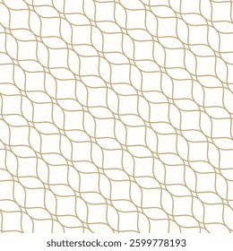 Golden vector seamless pattern in oriental style. Diagonal mesh, grid, lattice, thin curved lines. Abstract minimal geometric ornament. Gold and white background texture. Luxury repeated geo design
