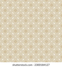 Golden vector seamless pattern. Simple geometric floral ornamental background.  Abstract ornament texture with flower silhouettes, petals, curved lines, repeat tiles. Elegant gold and white design