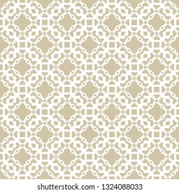 Golden vector seamless pattern with small geometric shapes, chains, grid, net, lattice, repeat tiles. Elegant gold and white background. Abstract ornamental texture. Luxury design for decor, print