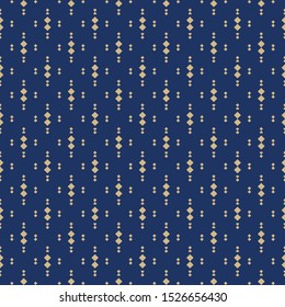 Golden vector seamless pattern with small diamond shapes, rhombuses, dots. Abstract blue and gold geometric texture. Simple minimal repeat background. Subtle luxury design for decor, wallpaper, web