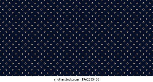 Golden vector seamless pattern with small diamonds, star shapes, tiny rhombuses. Abstract black and gold geometric texture. Simple minimal wide repeat background. Luxury design for print, wallpapers
