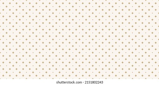 Golden Vector Seamless Pattern With Small Diamond Shapes, Stars, Rhombuses. Abstract Gold And White Geometric Texture. Simple Minimal Repeat Background. Subtle Luxury Design For Decor, Wallpaper, Wrap