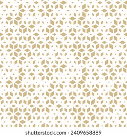 Golden vector seamless pattern with small diamond shapes, rhombuses. Luxury modern white and gold background with halftone effect, randomly scattered shapes. Simple texture. Trendy modern geo design