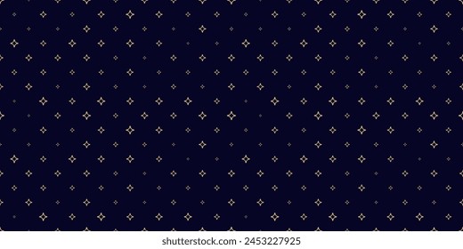 Golden vector seamless pattern with small diamonds, outline stars, sparkles. Abstract black and gold geometric texture. Simple minimal dark repeat background. Luxury design for decor, print, cover