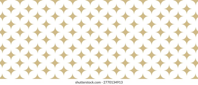 Golden vector seamless pattern with small diamond shapes, stars, rhombuses, dots. Abstract gold and white geometric texture. Simple minimal repeat background. Subtle luxury design for decor, wallpaper