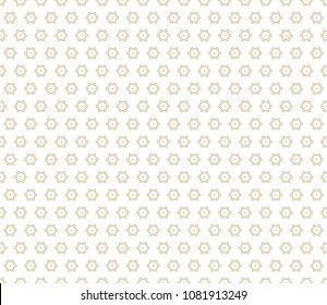 Golden vector seamless pattern. Subtle abstract texture with small gold snowflakes, hexagonal shapes on white backdrop. Luxury festive geometric background. Delicate design for decor, digital, web