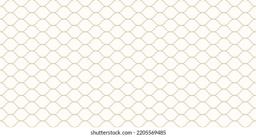 Golden vector seamless pattern. Texture of mesh, fishnet, lace, weaving, subtle lattice, wavy lines. Simple gold and white geometric background. Abstract repeat geo design for print, decor, wallpaper