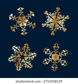 Golden vector set of winter holiday snowflakes in gold color on dark blue background flat