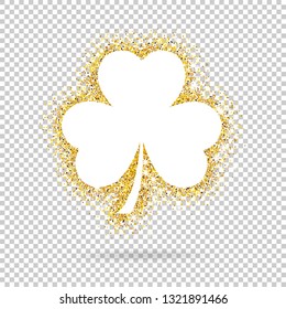 Golden vector shamrock clover on transparent background. Gold glitter shamrock clover. Gold template St. Patrick Day for banner, card, vip, exclusive, certificate, gift, luxury, privilege, voucher