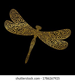 Golden vector silhouette of a decorative dragonfly on a black background. Summer shiny illustration. Linear style Hand-drawn. Stylized precious insect for your design.