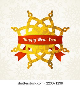 Golden vector snowflake in Victorian decor and red ribbon with greeting text. Element for Christmas and New Year's design. Elegant traditional lacy decor on light background. 