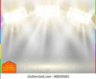 Golden vector spotlight light effect on transparent background. Concert scene with yellow sparks illuminated by white glow ray. Stadium warm projector. Show room