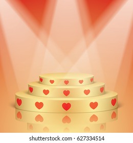 Golden vector stage with stairs and red hearts, isolated on a red background. Romantic scene with studio lighting and reflection.
