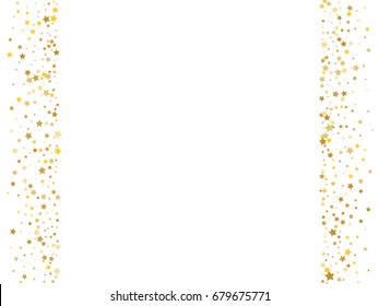 Golden vector stars confetti. Cosmic abstract frame background. Shiny festive golden glitter. Christmas, new year celebration, birthday party, carnival or festival glamour design. Luxury stardust.
