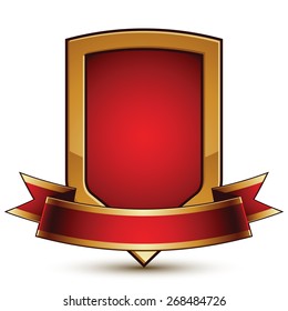 Golden vector stylized protection symbol with red glamorous wavy band, Clear EPS 8 insignia, isolated on white background. Symbolic shield, best for use in web and graphic design. 