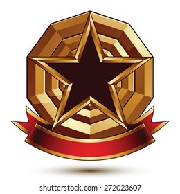 Golden vector stylized round symbol with black glamorous pentagonal star, Clear EPS 8 insignia, isolated on white background. Best for use in web and graphic design. 