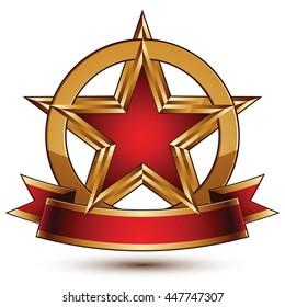 Golden vector stylized round symbol with red glamorous pentagonal star, Clear EPS 8 insignia, isolated on white background.