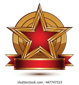 Golden vector stylized round symbol with red glamorous pentagonal star, Clear EPS 8 insignia, isolated on white background.