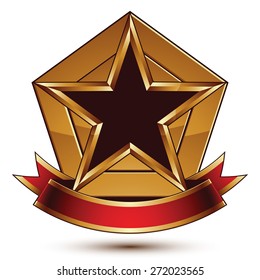 Golden vector stylized symbol with black star and glamorous wavy band, Clear EPS 8 insignia, isolated on white background. Symbolic template, best for use in web and graphic design. 

